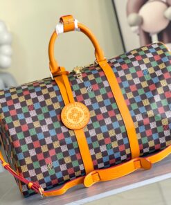 V彩色棋盤格Keepall旅行袋 高仿男用大容量手提斜背包