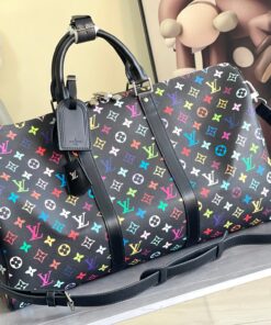 LV多彩Monogram Keepall旅行袋 高仿男用斜背大容量手提包