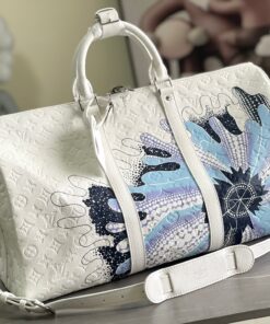 LV白色藍花Keepall旅行袋 高仿一比一壓紋原單精品