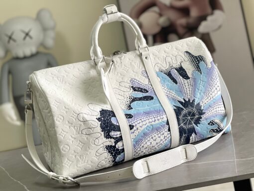 LV白色藍花Keepall旅行袋 高仿一比一壓紋原單精品