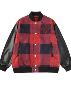 LV一比一紅黑格紋拼皮棒球外套街頭潮流男女同款