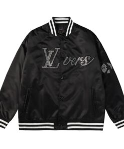 LV高仿黑色亮面棒球外套 鑽飾Logo字母設計款