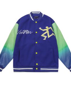 LV高仿藍綠拼接棒球外套 手寫Logo撞色潮流圖案設計款