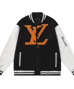 LV高仿橘色大字Logo棒球外套 黑白拼接撞色設計款