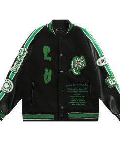 LV高仿綠黑拼色棒球外套 重工刺繡字母立體花圖騰設計款