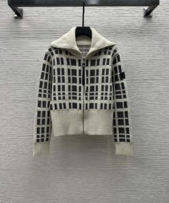 LV高仿黑白格紋針織外套 拉鍊高領造型修身設計