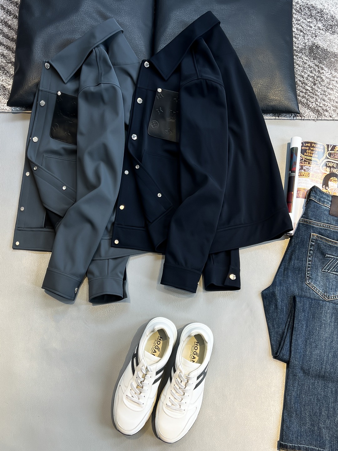 LV高仿墨灰皮革口袋外套 Monogram壓紋拼接男士夾克｜歐美奢侈品精品推薦