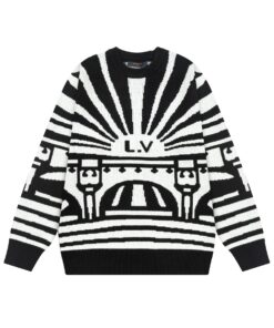 LV原單黑白放射圖案毛衣 男士圓領針織衫 秋冬復古藝術感毛線衫