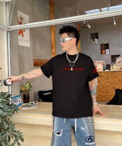 LV高仿黑色紅字LOGO短袖潮T 男士街頭風首選搭配