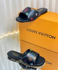 LV黑底彩標平底拖鞋精品高仿推薦 潮流風格實搭款
