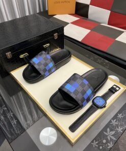 LV藍灰棋盤格拖鞋A貨男鞋 原單級設計 百搭舒適推薦