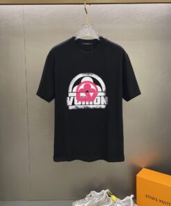 LV高仿標識印花刺繡短袖T恤 黑色潮流感強原單復刻版