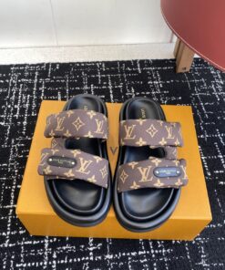 LV涼鞋 高仿棕色Monogram雙帶拖鞋 厚底休閒原單款