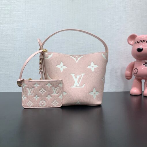 LV一比一粉色水桶包附卡包 奶油粉Monogram肩背包
