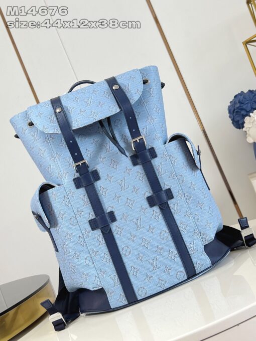 LV高仿M14676天藍後背包Monogram帆布大容量登山包設計款