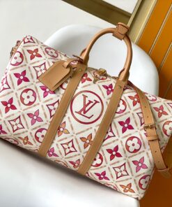 LV高仿M11251 Keepall 50粉紅Monogram Giant拼紋旅行袋推薦款