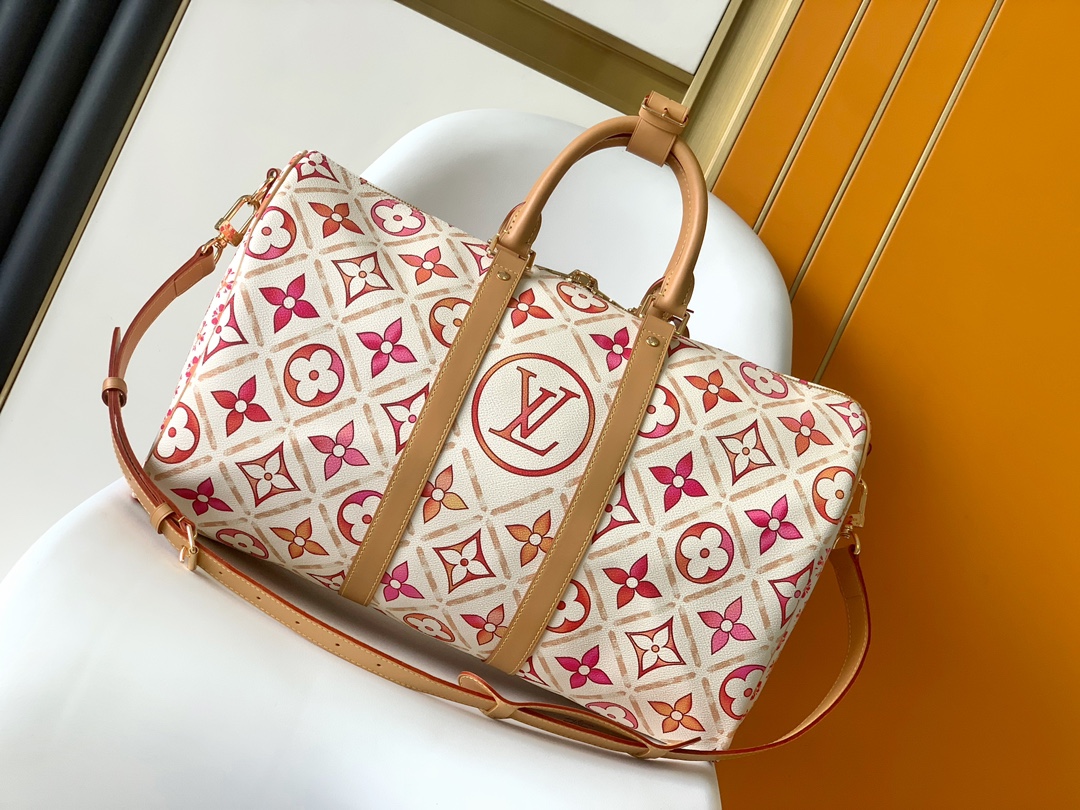 LV高仿M11251 Keepall 50粉紅Monogram Giant拼紋旅行袋推薦款｜歐美奢侈品精品推薦