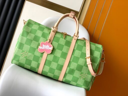LV高仿M40667 Keepall 50綠色Damier編織風旅行袋春夏人氣款推薦