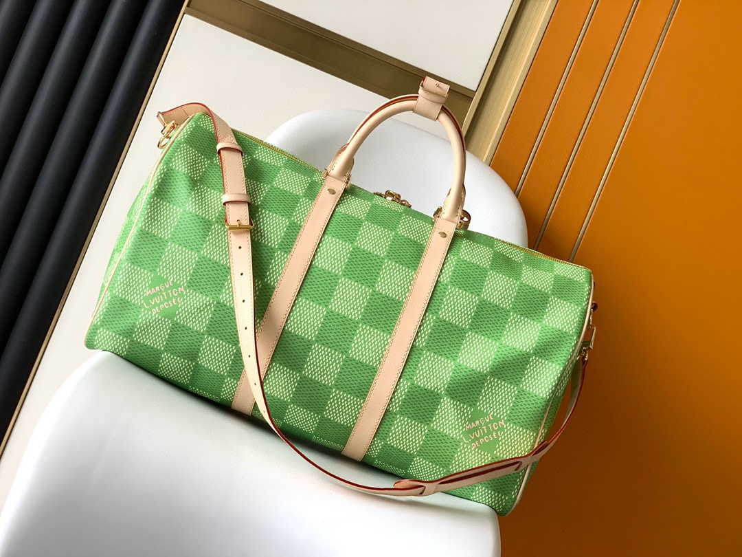 LV高仿M40667 Keepall 50綠色Damier編織風旅行袋春夏人氣款推薦｜歐美奢侈品精品推薦