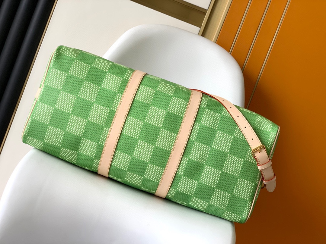 LV高仿M40667 Keepall 50綠色Damier編織風旅行袋春夏人氣款推薦｜歐美奢侈品精品推薦
