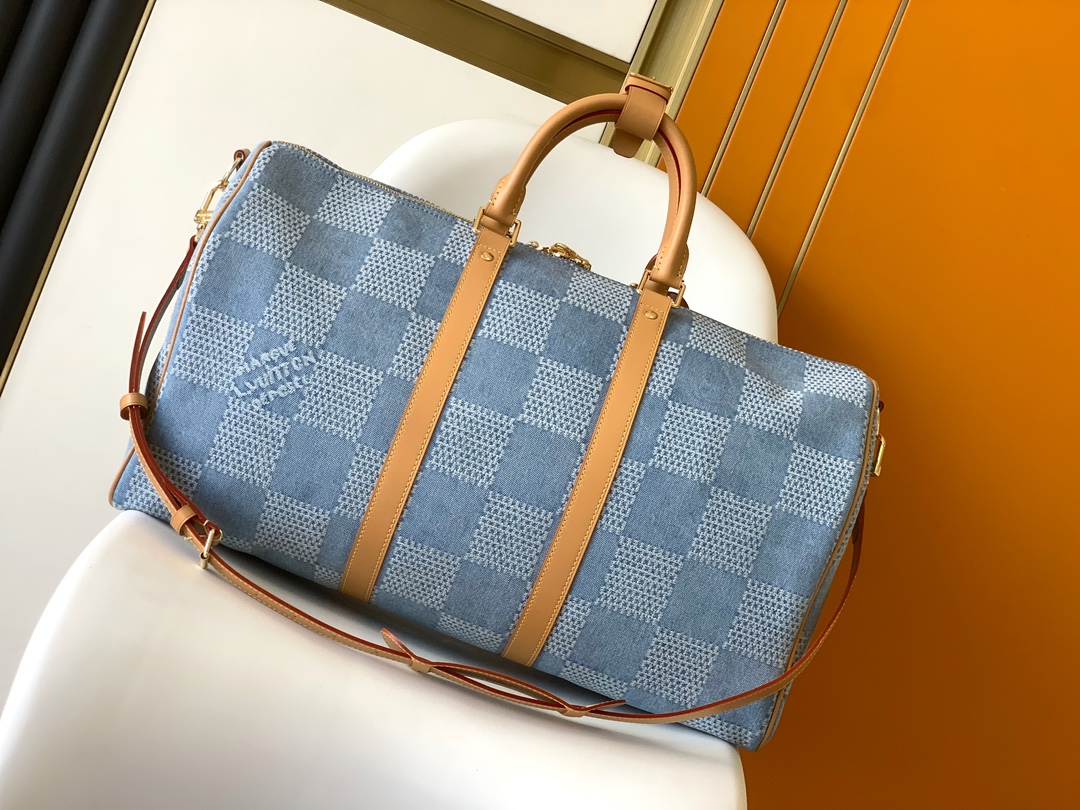 LV一比一N40739 Keepall 50牛仔藍Damier Denim旅行袋時尚推薦款｜歐美奢侈品精品推薦