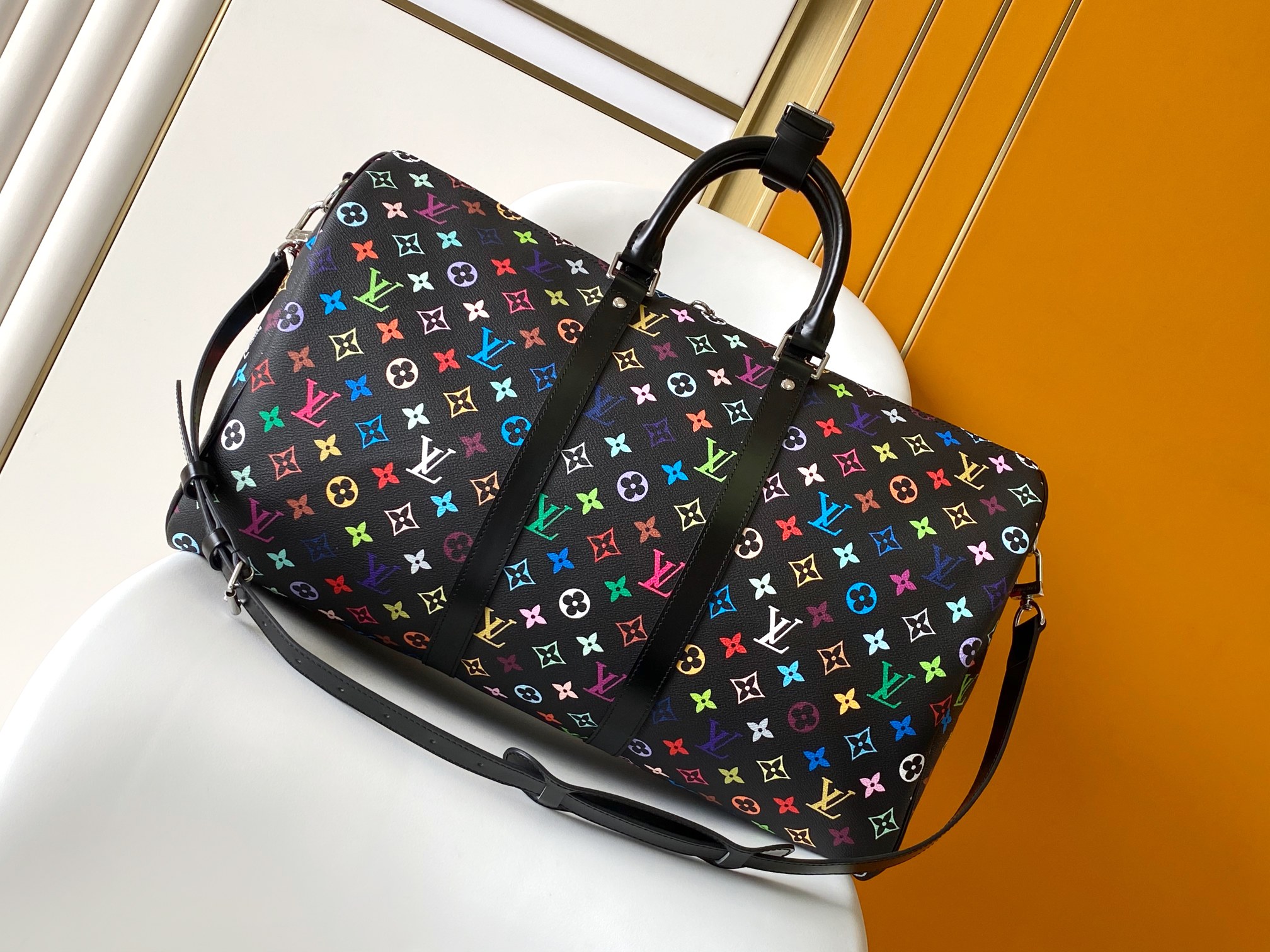 LV高仿M13745 Keepall 50黑色Multicolor彩色老花旅行袋時尚推薦｜歐美奢侈品精品推薦