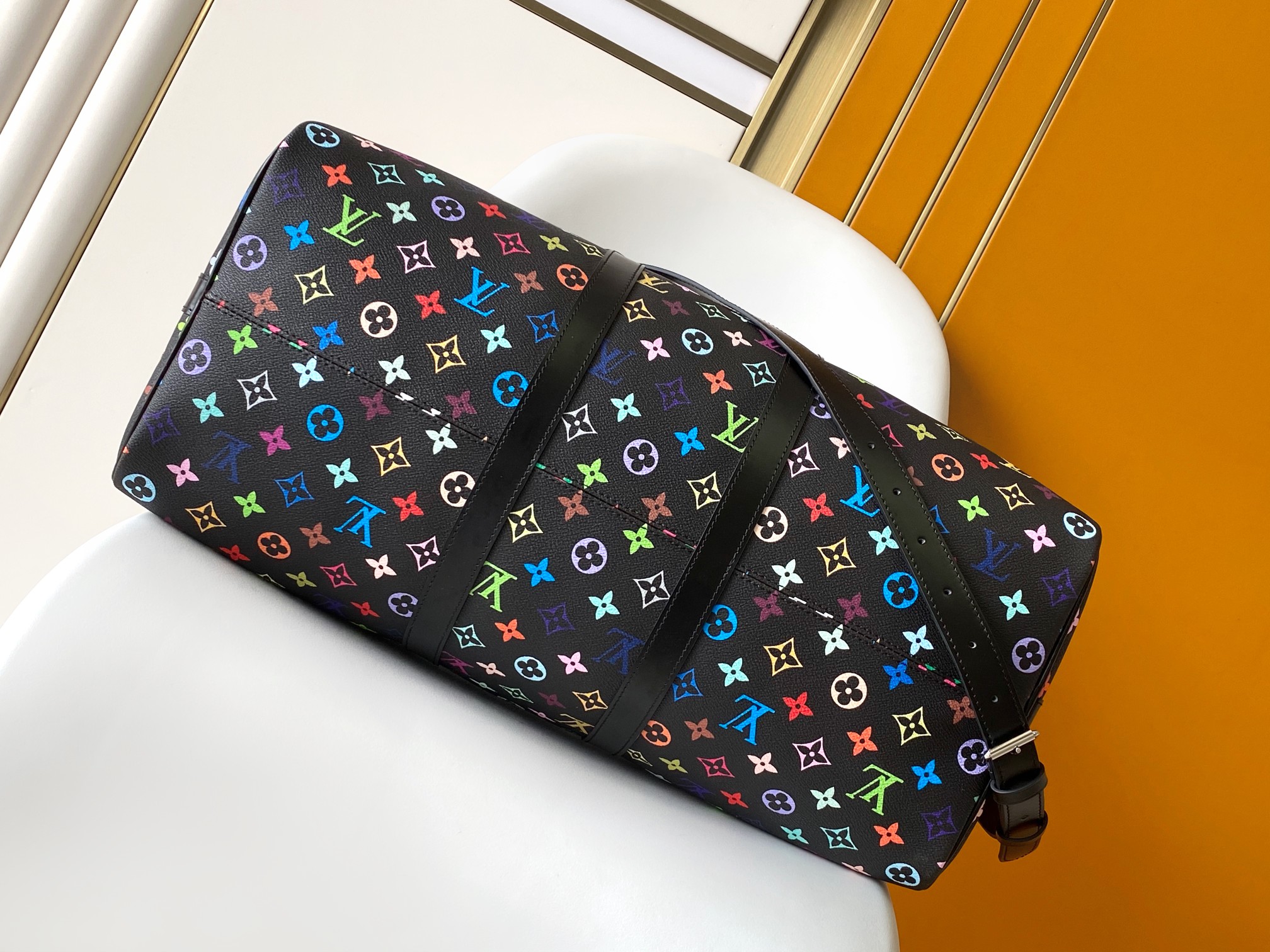 LV高仿M13745 Keepall 50黑色Multicolor彩色老花旅行袋時尚推薦｜歐美奢侈品精品推薦