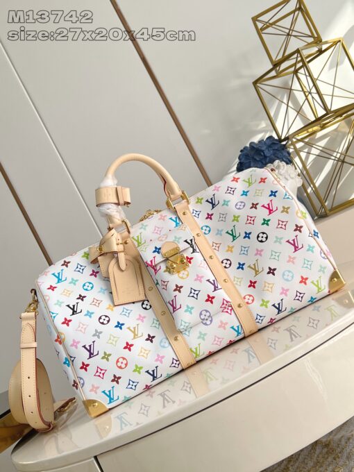 LV原單M13742 Keepall 45白色Multicolor彩色老花小號旅行袋推薦