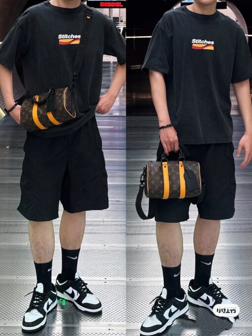 LV 高仿圓筒包 M46687 老花橘邊設計 經典男士斜背潮流款