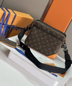 LV 高仿斜背包 老花橘角拼接男款 撞色設計休閒必備包