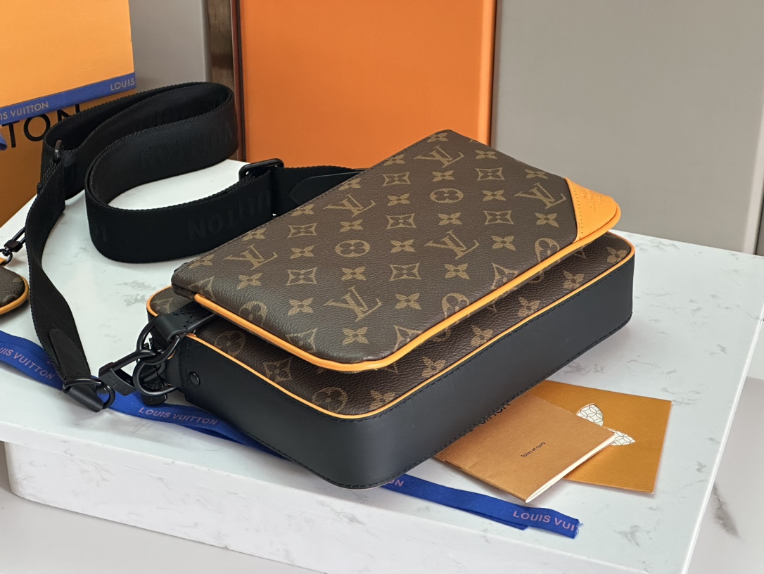 LV 高仿斜背包 老花橘角拼接男款 撞色設計休閒必備包｜歐美奢侈品精品推薦