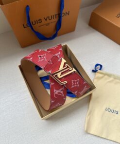 LV高仿紅色Monogram粒面皮革腰帶時尚精品男士皮帶