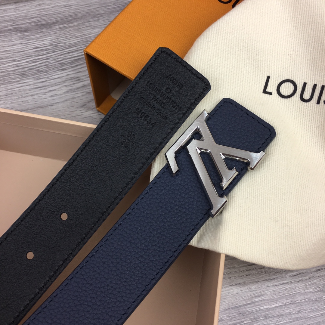 LV 原單深藍色粒面牛皮銀扣腰帶 男士精品百搭皮帶｜歐美奢侈品精品推薦