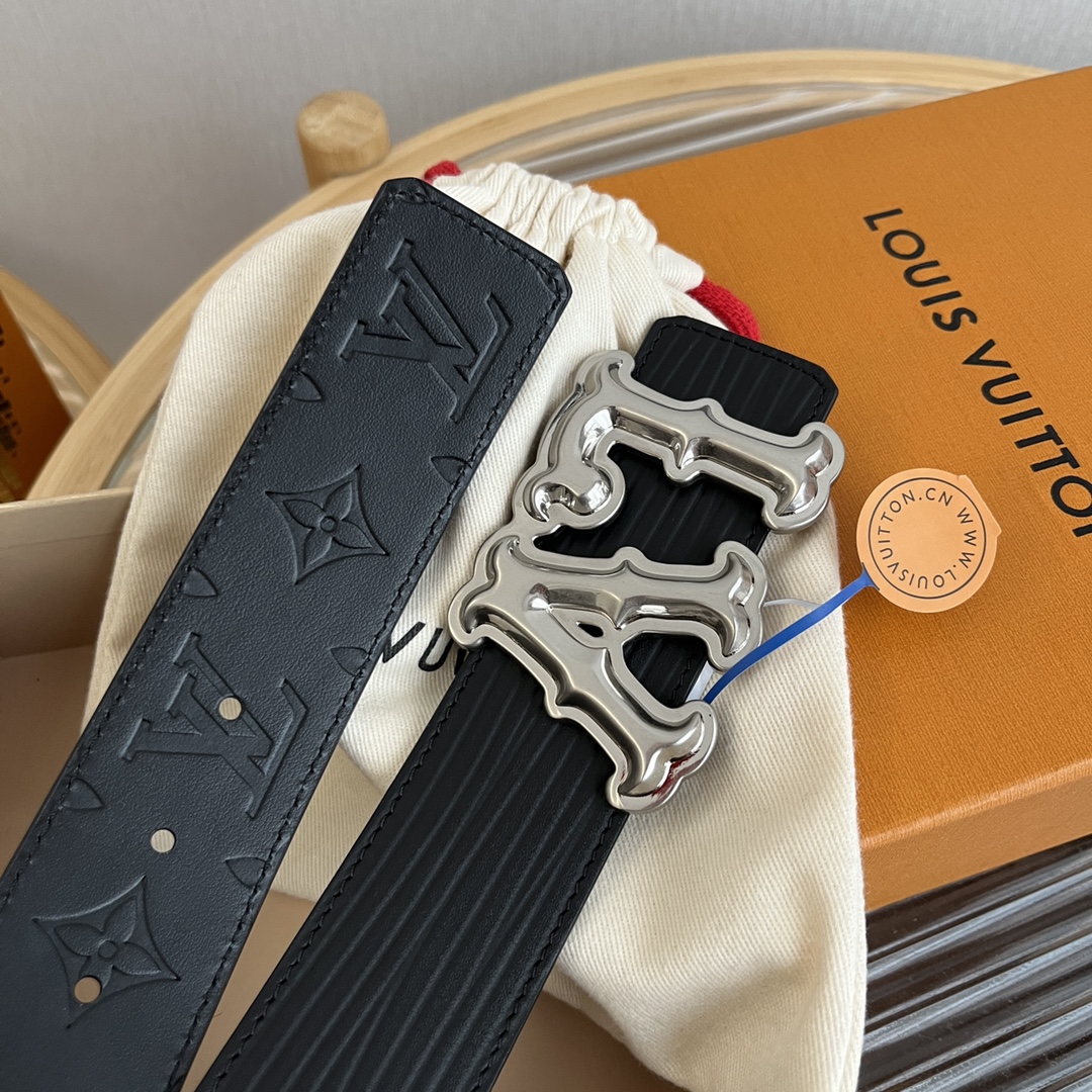 LV 一比一浮雕黑皮銀飾復古LV字母扣男士精品腰帶｜歐美奢侈品精品推薦