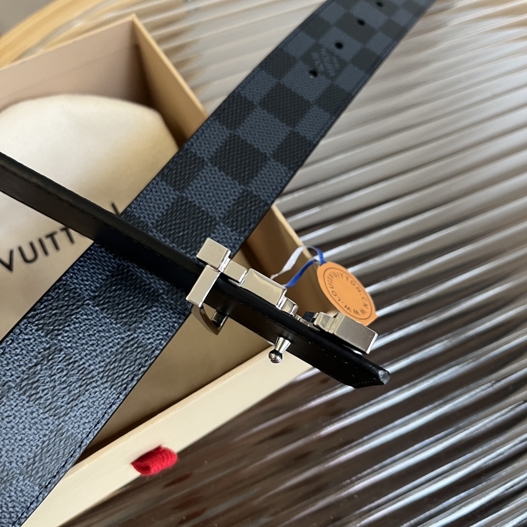 LV 一比一 Damier Graphite 金扣男士格紋皮革腰帶百搭款｜歐美奢侈品精品推薦