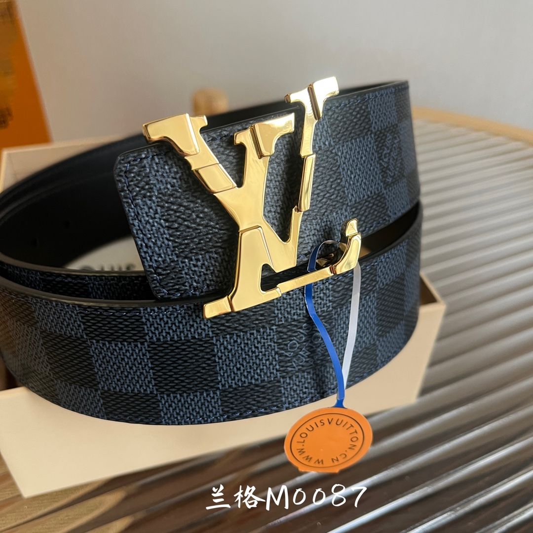 LV 一比一 Damier Graphite 金扣男士格紋皮革腰帶百搭款｜歐美奢侈品精品推薦