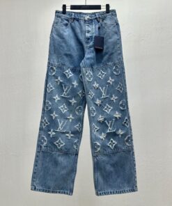 LV高仿牛仔長褲 寬版破壞刺繡 高仿丹寧褲 時尚潮流單品