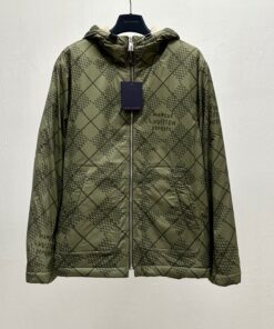 LV高仿連帽外套 格紋設計拉鍊款 綠色潮流防風輕便穿搭