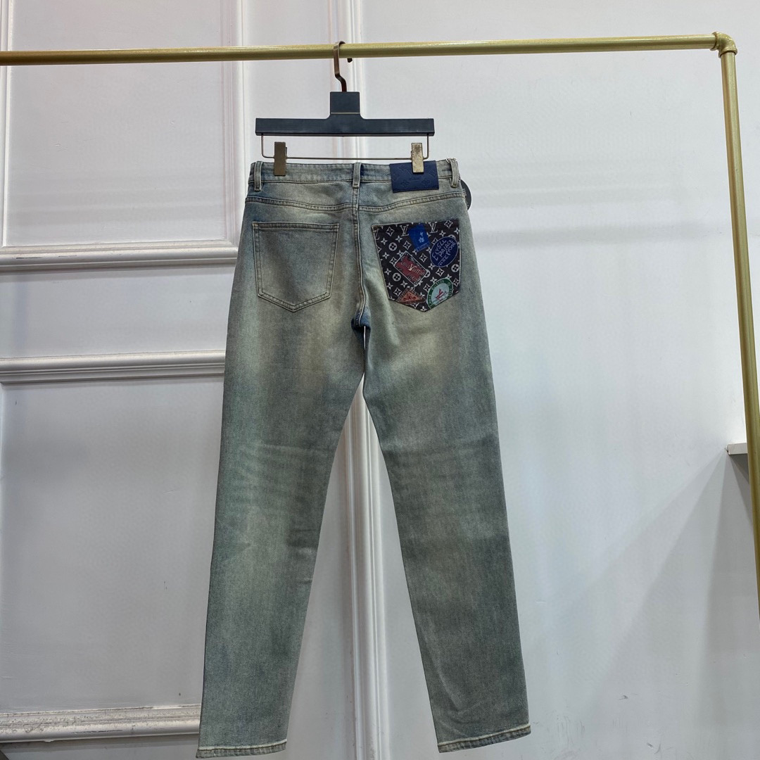 LV 高仿印花口袋牛仔褲 復古水洗拼接潮褲｜歐美奢侈品精品推薦