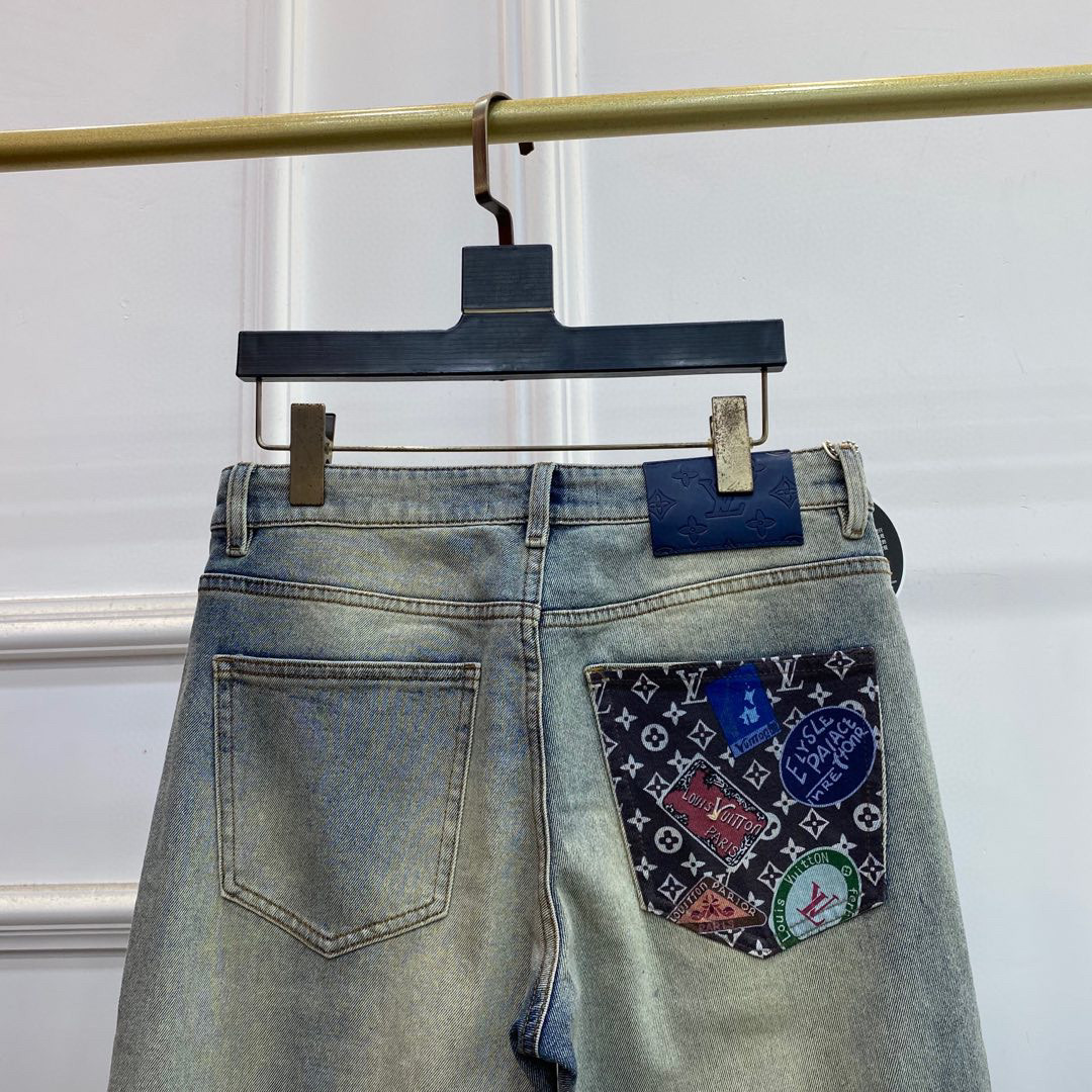 LV 高仿印花口袋牛仔褲 復古水洗拼接潮褲｜歐美奢侈品精品推薦
