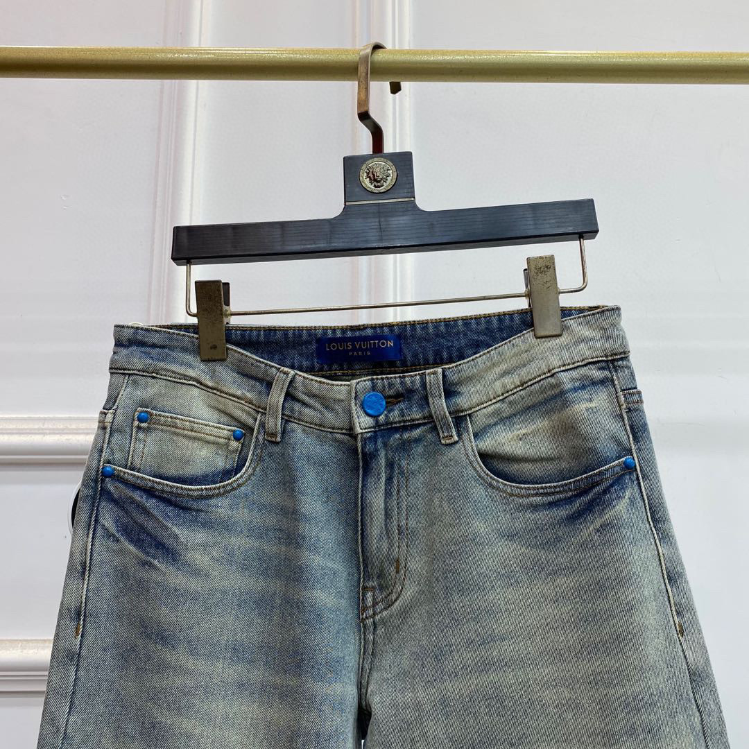 LV 高仿印花口袋牛仔褲 復古水洗拼接潮褲｜歐美奢侈品精品推薦