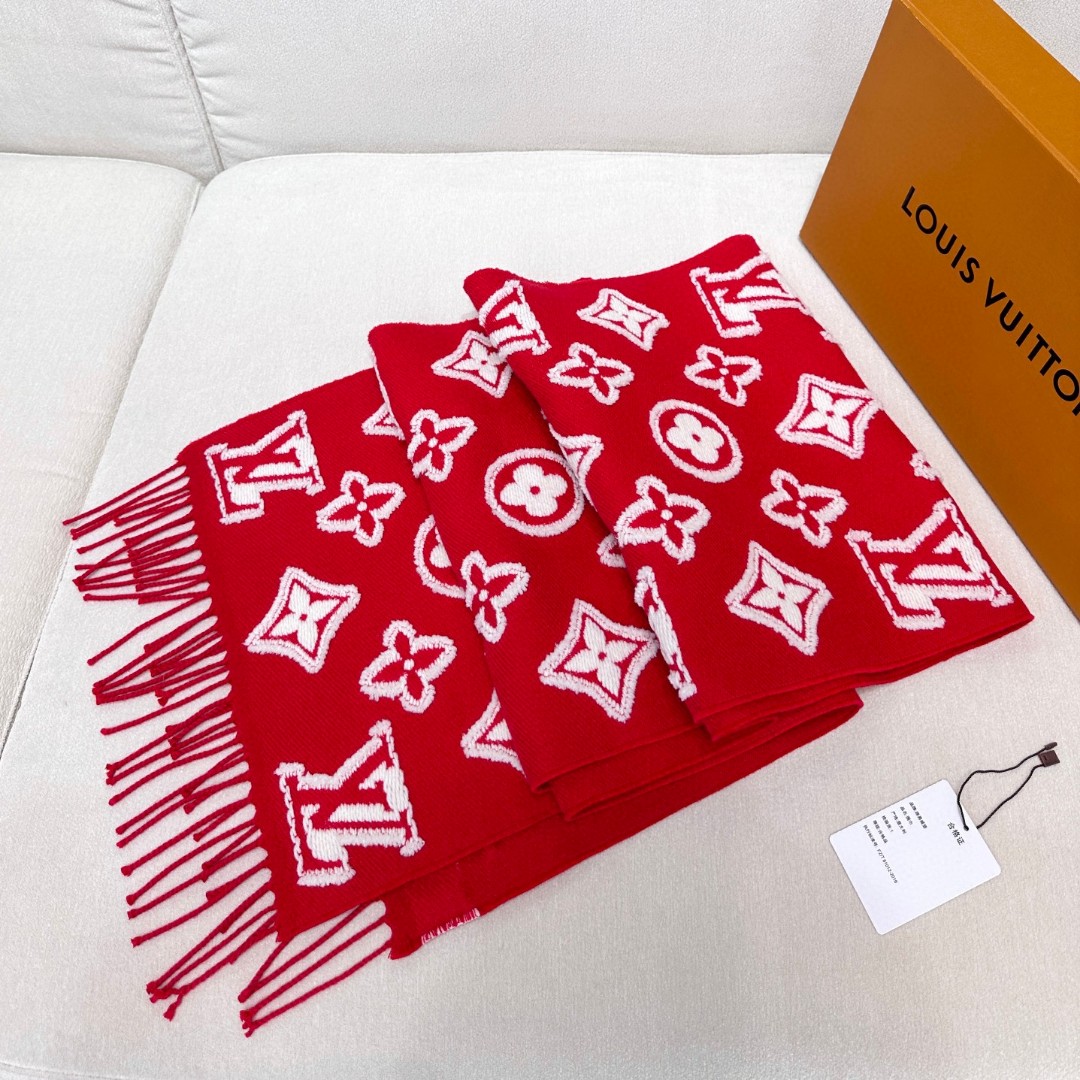 LV A貨紅色LOGO羊毛圍巾冬季保暖百搭流行時尚單品推薦｜歐美奢侈品精品推薦
