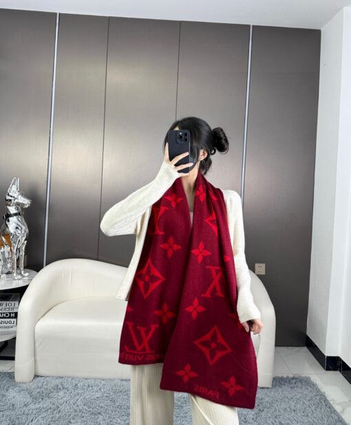 LV 一比一酒紅色經典花紋圍巾秋冬保暖百搭女款氣質圍脖