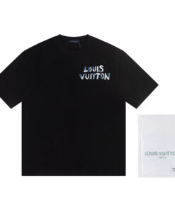LV高仿黑T立體鏤空字母刺繡印花純棉短袖上衣