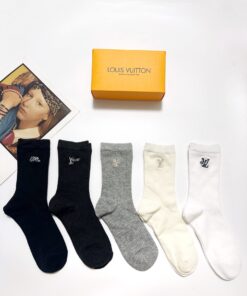 LV原單長筒襪男士五雙禮盒組 素色織紋刺繡LOGO柔棉配色款