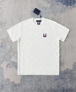 LV高仿針織短袖T恤白色浮紋圖騰拼色V字標誌設計款