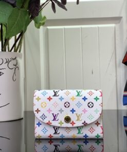 LV 精品仿製白色多彩按扣短夾彩虹Monogram小巧皮夾