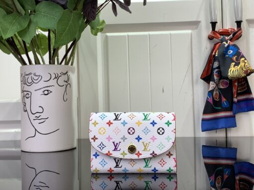 LV 精品仿製白色多彩按扣短夾彩虹Monogram小巧皮夾