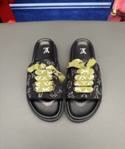 LV A貨黑色老花帆布拖鞋 綠繫帶注目款 舒適休閒百搭首選