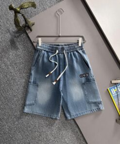 LV高仿工裝短褲 深藍彈力抽繩口袋款 牛仔質感潮流設計